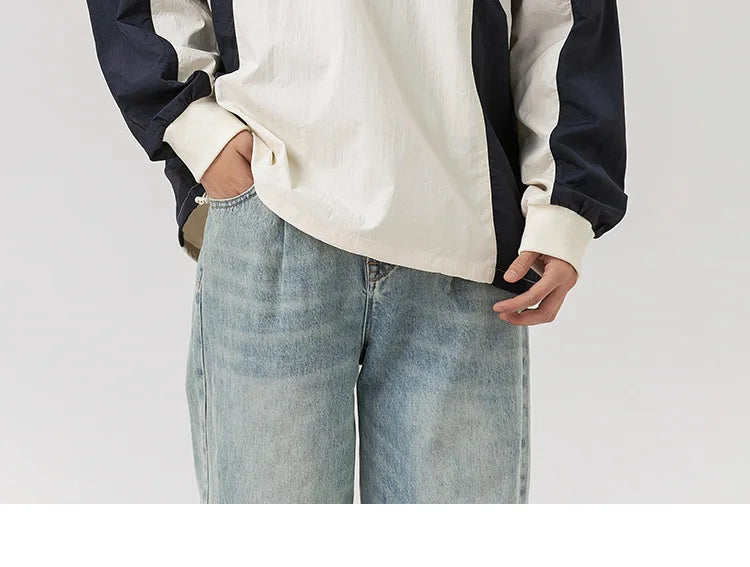 Japanese-inspired Color-blocked Crew Neck Sweatshirt with Patchwork Design: Men's Spring/Autumn Outdoor Leisure