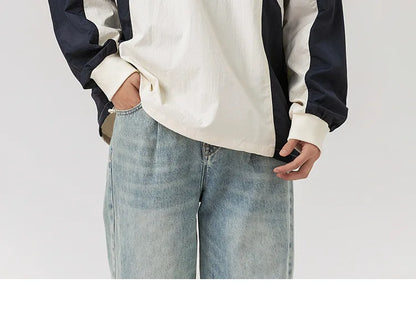 Japanese-inspired Color-blocked Crew Neck Sweatshirt with Patchwork Design: Men's Spring/Autumn Outdoor Leisure