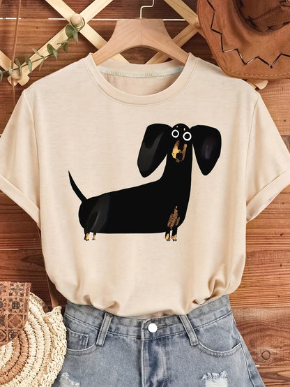 Cute Black Sausage Dog Funny Printed Women's T-shirt Short Sleeve Crew Neck Top for Summer Women's Harajuku Casual Clothing