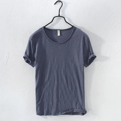 Retro Raw Edge T-Shirt for Men 100% Cotton Lightweight & Breathable Slim-Fit Monochromatic O-Neck Summer Streetwear Essential