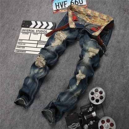 Men's Personalized Ripped Jeans Retro Distressed New Style Straight Slim Fit Casual High Street Fashion Denim Long Pants Male