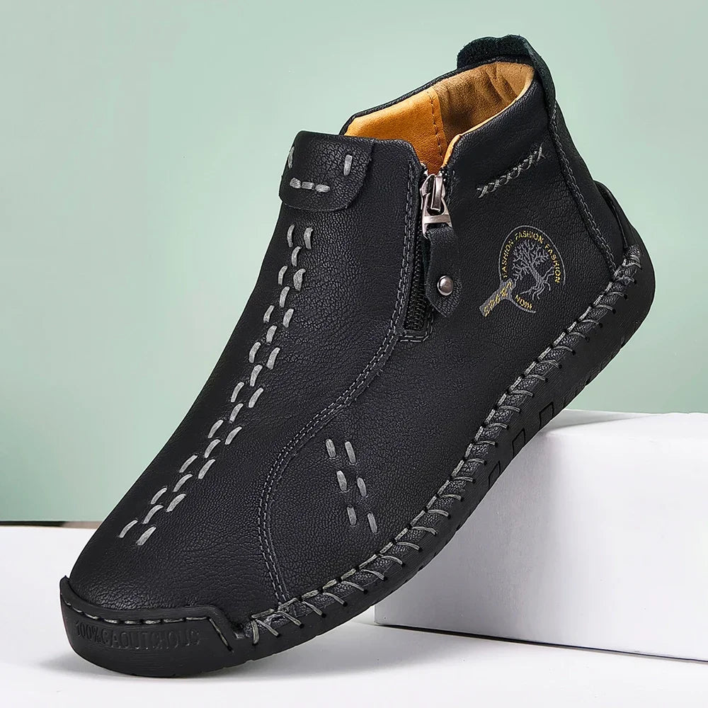 New Classic Handmade Leather Men Shoes Zipper Design Outdoor Sneakers Slip On Breathable Casual Shoes Leather Men Ankle Boots
