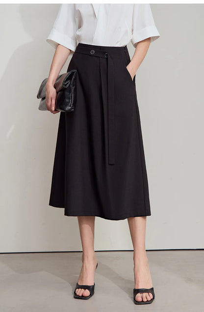 Minimalist Knee length Skirt Women Pleated A-line Loose Dress Elegant Commuting Style Belt Decoration Skirts 12522074