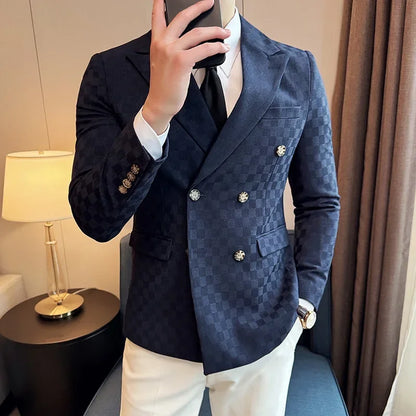 6 Color Fashion Double Breasted Plaid Suit Jacket Luxury Men Slim Fit Business Social Wedding Formal Suit Coats Plus Size 5XL-M