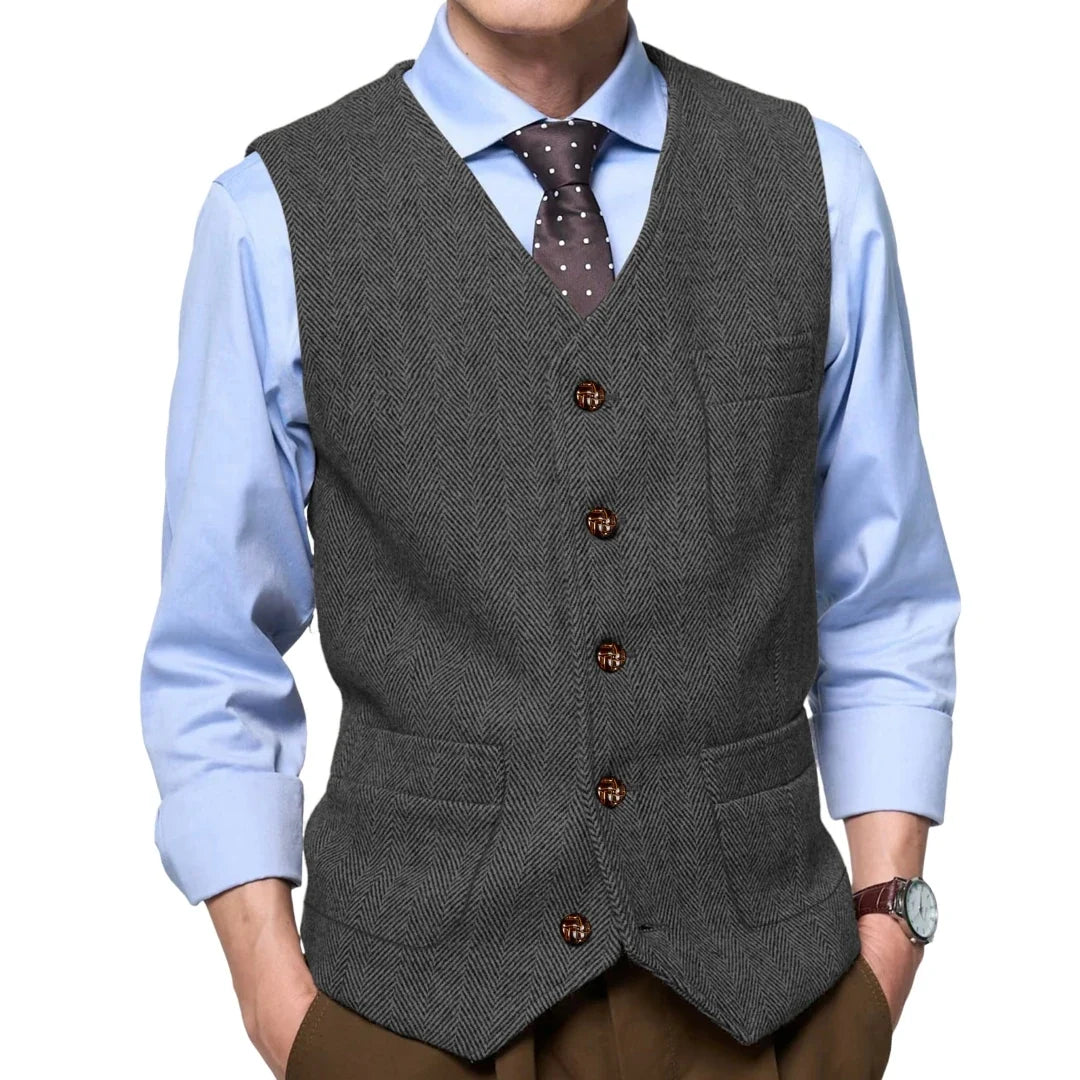 Men Vest Gray Herringbone Single Button With Pocket Waistcoat For Wedding Party Business Work Office Daily Casual Men Suit Vest