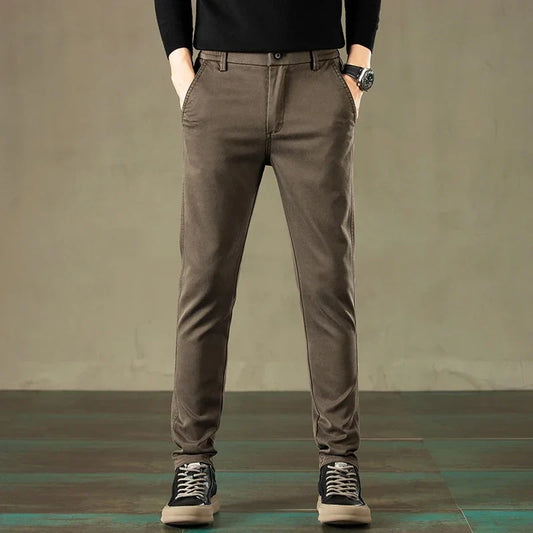 2024 Spring New Men's Casual Pants Brand Clothing Business Elastic Waist Thick Classic Slim Trousers Male Black Grey Brow