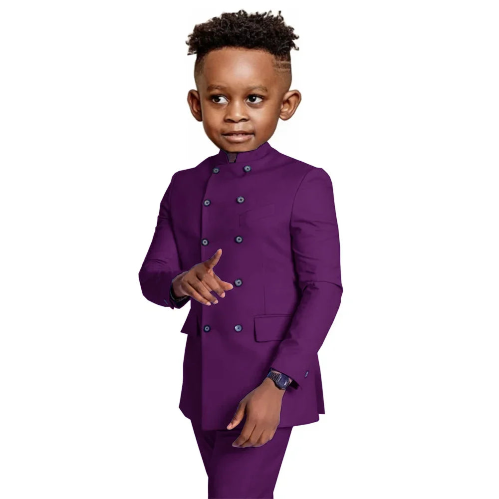Stylish Elegant Boys Stand-up Collar Suits 2 Pieces Jacket Pants Formal Party Wear Double Breasted Kids Suit Set 2-20T