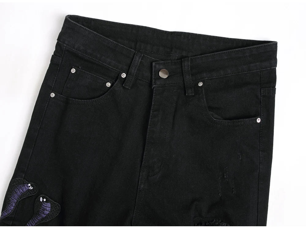 Men Snake Embroidery Jeans Streetwear Black Stretch Denim Pants Holes Ripped Distressed Slim Straight Trousers