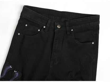 Men Snake Embroidery Jeans Streetwear Black Stretch Denim Pants Holes Ripped Distressed Slim Straight Trousers