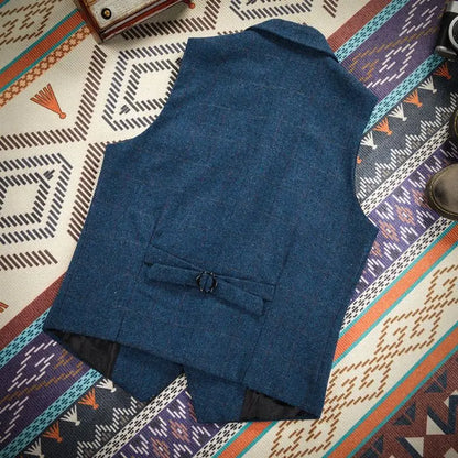 Men Vest Royal Blue Steampunk Formal Male Ethnic Herringbone Wool Tweed Vintage For Wedding Business Banquet Waistcoat