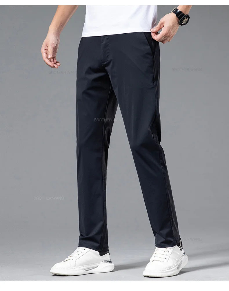 Ultra-thin Ice Silk Cool Men's  Casual Pants Summer New High Elasticity Quick-drying Drape Business Straight Trousers Black Gray