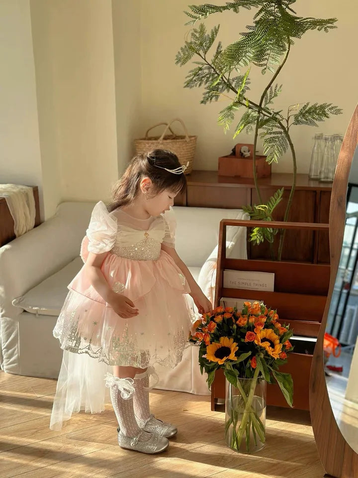 Sweet Baby Girls Princess Lolita Dress Kids 2026 New Summer Fashion Sequined Tulle Embroidery Puff Sleeve Performance Tutu Dress