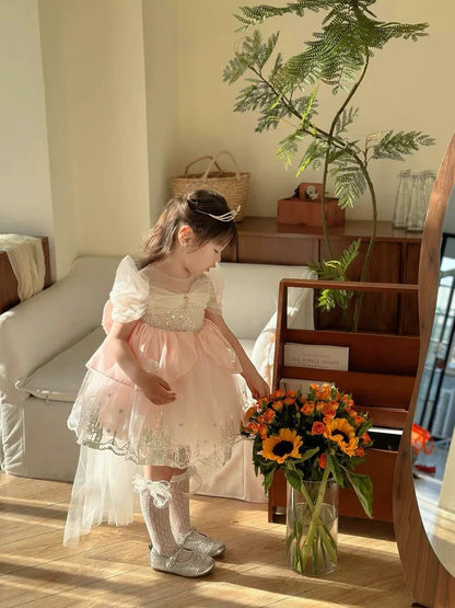 Sweet Baby Girls Princess Lolita Dress Kids 2026 New Summer Fashion Sequined Tulle Embroidery Puff Sleeve Performance Tutu Dress
