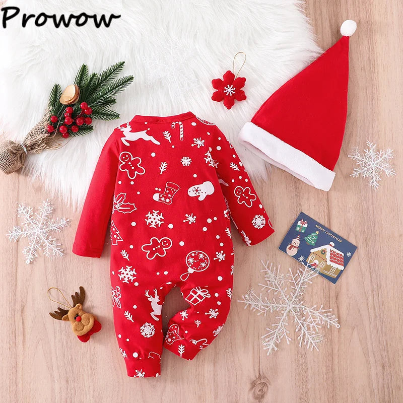 Prowow 0-18M Baby Christmas Costume Cartoon Deer Jumpsuit With Santa Hat Christmas Baby Romper For Newborn New Year Costume