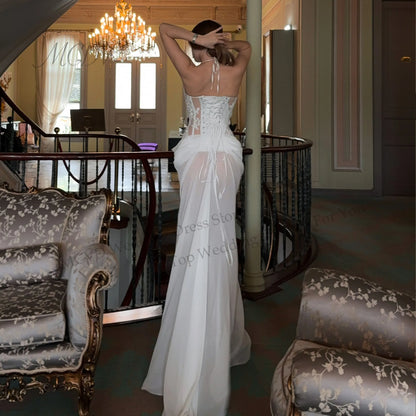 White Chiffon Mermaid Bridal Dress Halter Spaghetti Strap Bodice High Side Slit Lace Up Back Civil Engagement Party Wedding Gown
