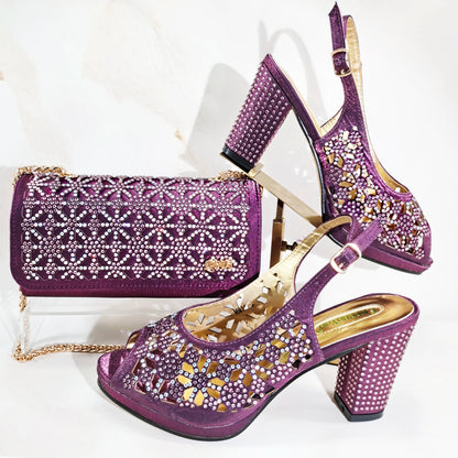 2025 New Rhinestone Design African-Inspired Shoe and Bag Set Olive Toe-Exposing Comfortable Women's High Heels Trending on INS