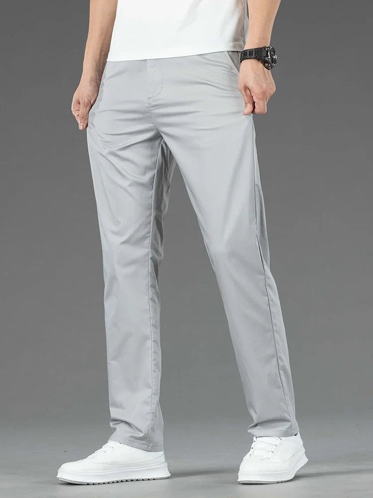 Spring Summer New Men's Casual Pants Thin Mulberry Silk Soft Business Casual Trousers Slim Straight Elastic Suit Pants Male