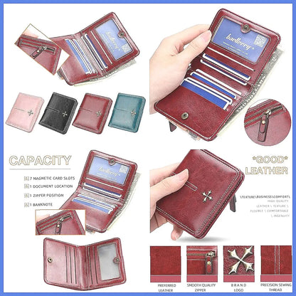 Portefeuille court en PU ciré huilé pour femmes, porte-monnaie multi-cartes avec fermeture éclair, sac tout-en-un