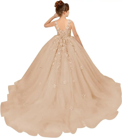 Tulle Flower Girl Dresses for Wedding Floral Appliques Princess Pageant Dress Girls Birthday Party Ball Gown