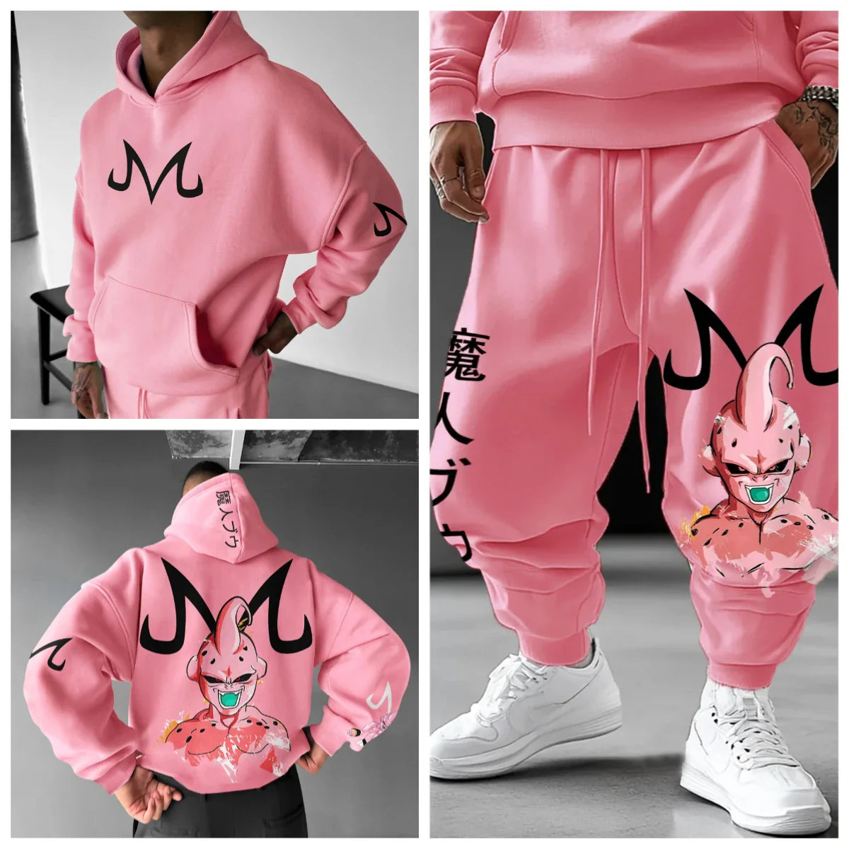 Majin Buu Hoodie Pants Set Anime Cotton Loose Fit Graphic Print Streetwear Casual Sweatshirt Joggers Japanese Cartoon Character