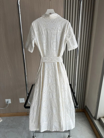 2025 new  women's elegant fashion hollow embroidery cotton shirt lapel short-sleeved dress temperament long skirt