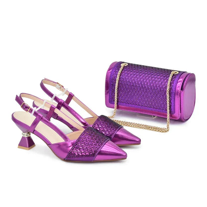 New Fashion Party Shoes and Bag Match for Women Luxury Elegant Pointed Toe Rhinestone Nigerian Shoe and Bag Set for Women Italy