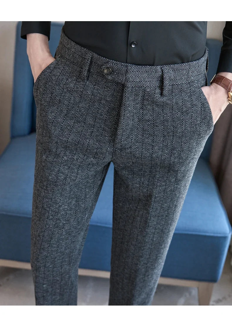 2025 Autumn Winter New Stripe Woolen Cloth Suit Pants Men Thick Warm Fashion Business Casual Male Straight Formal Trousers