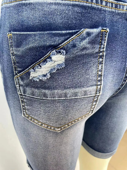 2024 Summer New High Waist Ripped Denim Shorts For Women Fashion Stretch Skinny Knee Length Jeans Shorts Casual Female Clothing