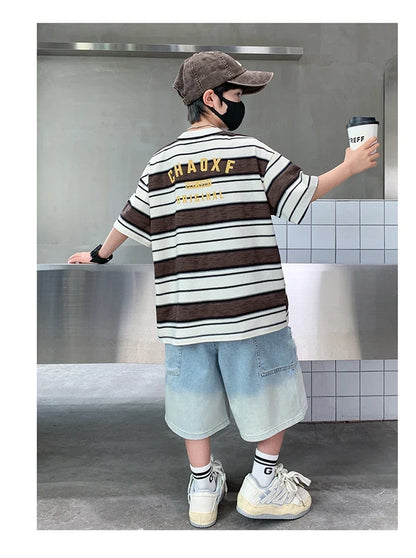 Luxury Summer Suit for Boy Short Sleeve Striped T-shirt + Denim Shorts 2 Pieces Clothing Set Kids Children Cotton Top Bottom Set