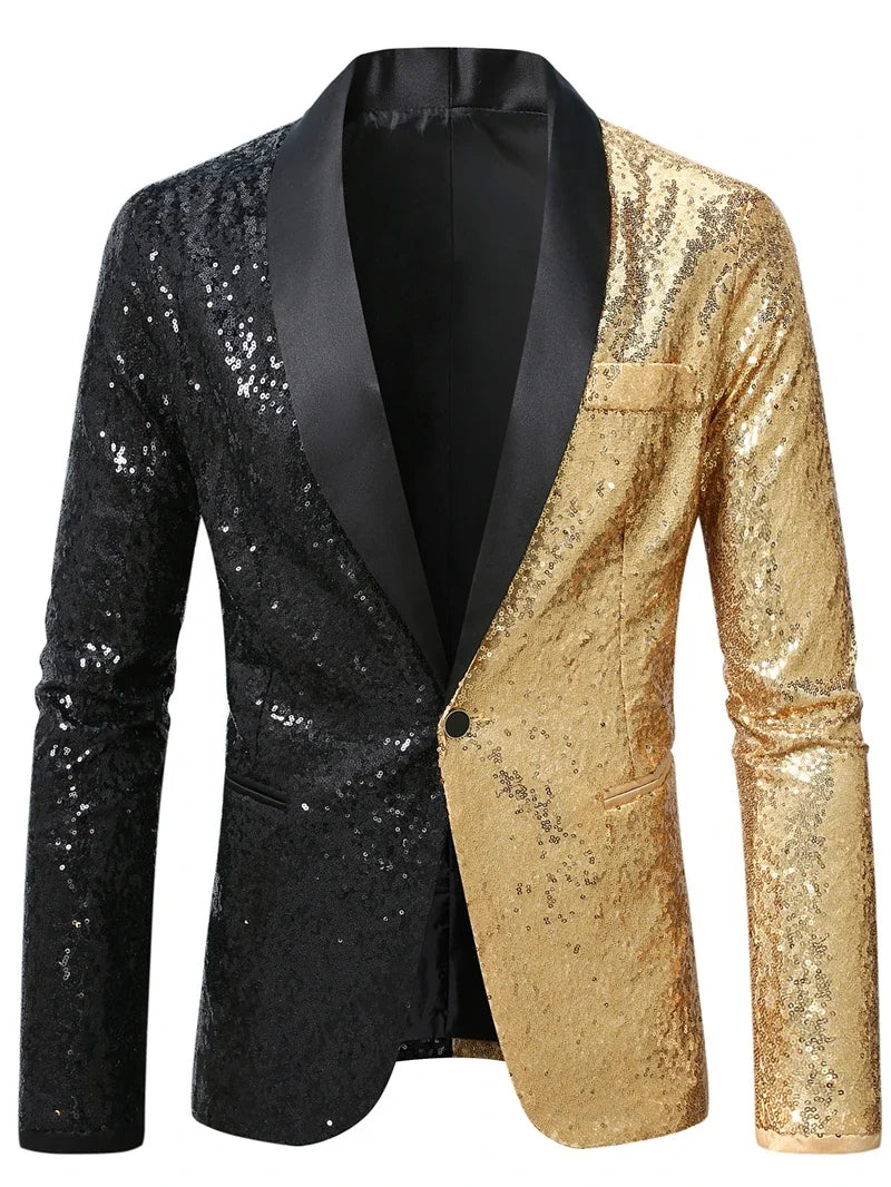 2026 Men's Suit Jacket, Shiny Sequin Stage Performance Coat, White Silver Blue Red Purple Blazers V-neck Single Button S-XXL