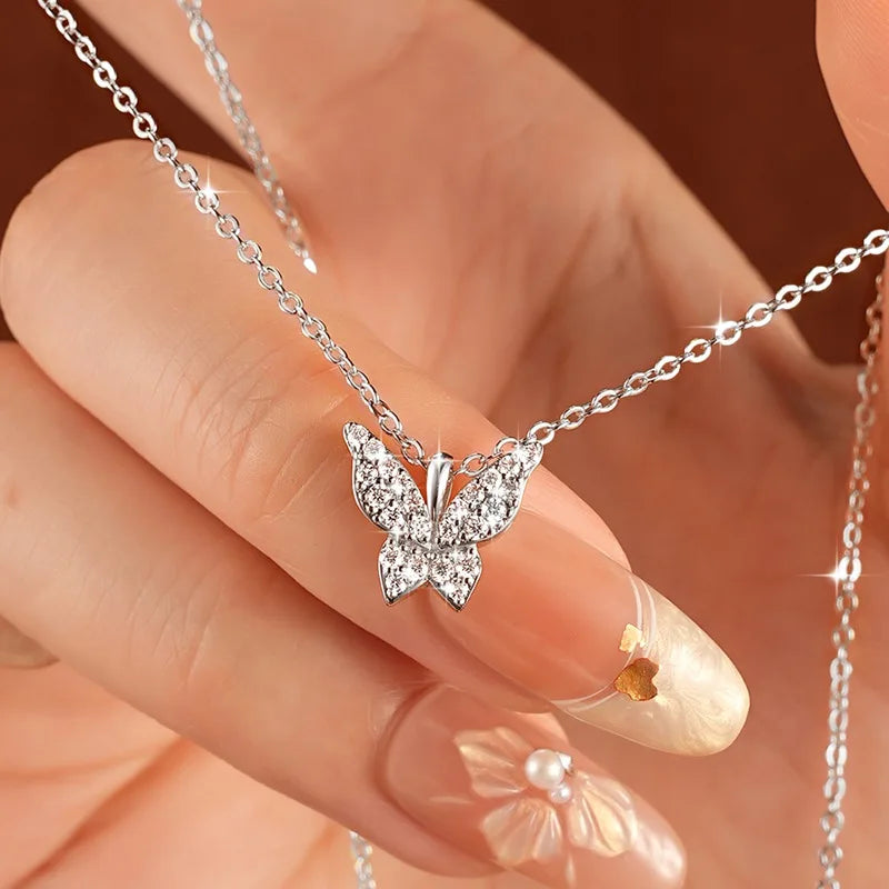Sparkling 1.5mm Moissanite Necklace 14K Gold Butterfly Pendant Necklaces for Women Valentine's Day Jewelry Gift