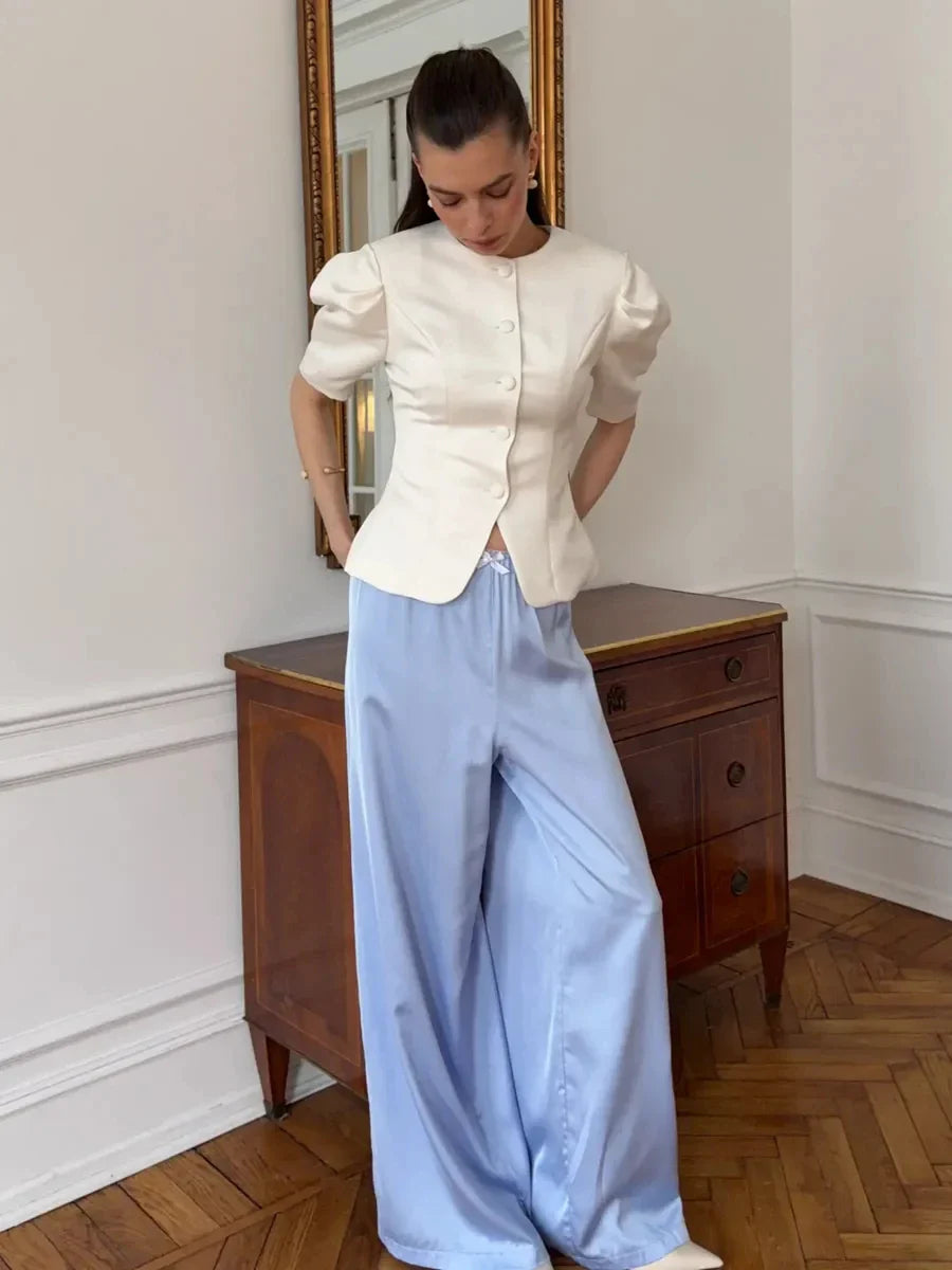 KT Elegant Satin Puff Sleeve Blouse for Women Round Neck Button Down Fitted Waist Asymmetric Hem Office & Formal Wear Tops