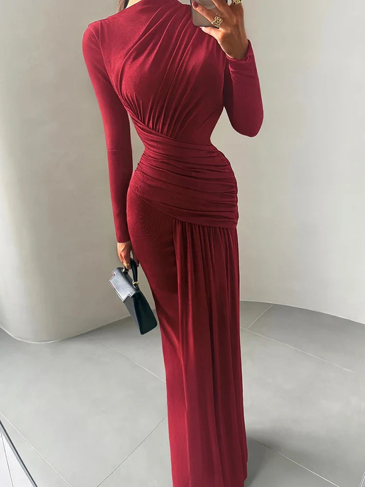 Folds Maxi Dress Women O-Neck Full Sleeve Solid Banquet Elegant Vacation Fashion Autumn Skinny Casual Simple Vestido