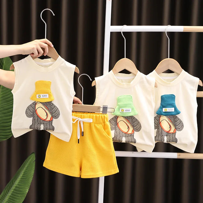 Korean Children Summer Sets Girl Boy Sleeveless Vest Shorts Suit Child Clothing Fashion Outfits Kids Costume
