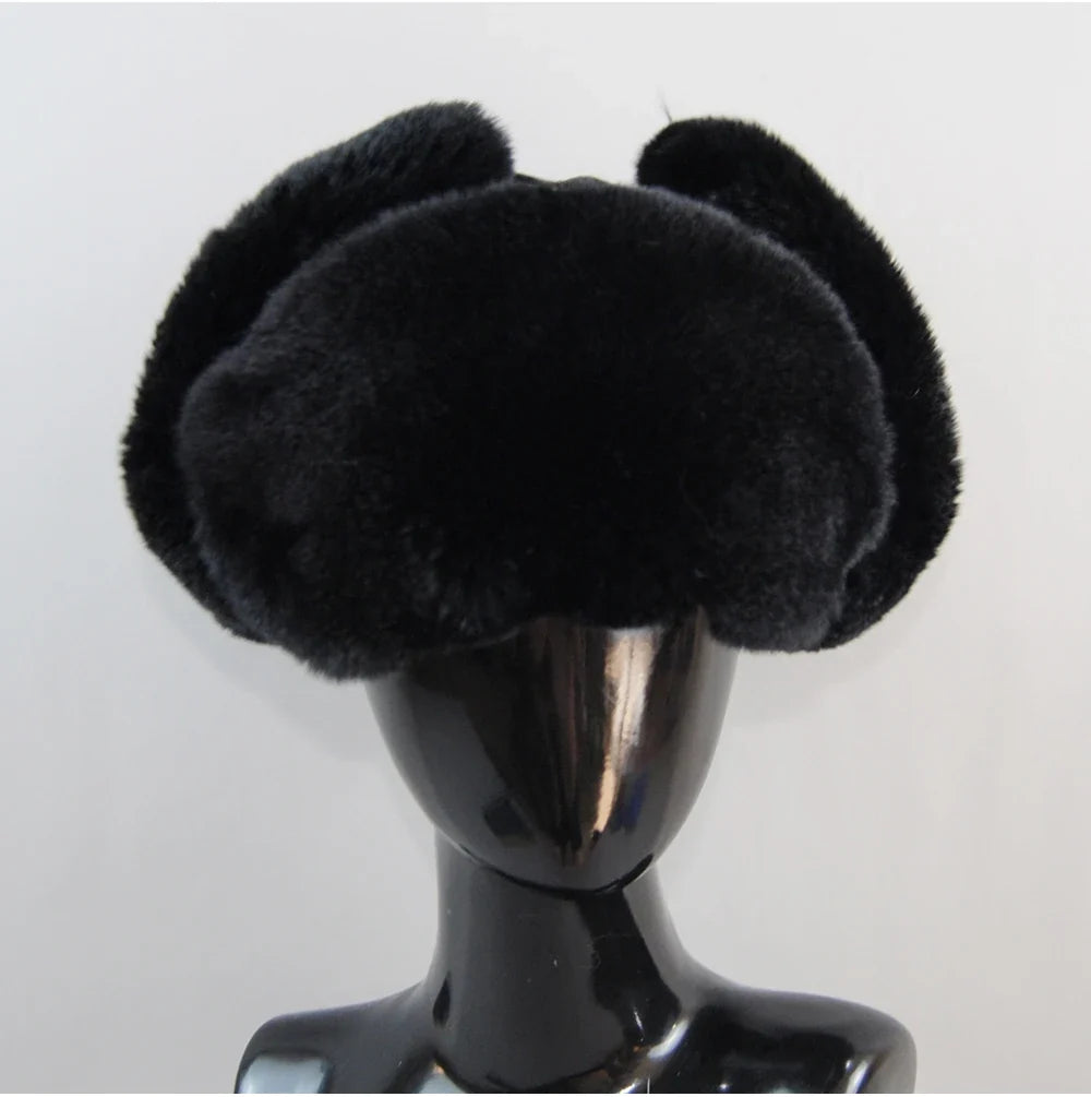 Winter Russian Man Woman White Skin Natural Rex Rabbit Fur Hats Luxury Real Sheepskin Leather Cap Unisex Real Fur Bomber Hat