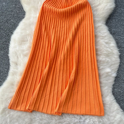 Knitted Pleated Long Dress High Waist Midi Sling Dress Elegant Sleeveless Yellow Dress Women Streetwear Black Bodycon Dress