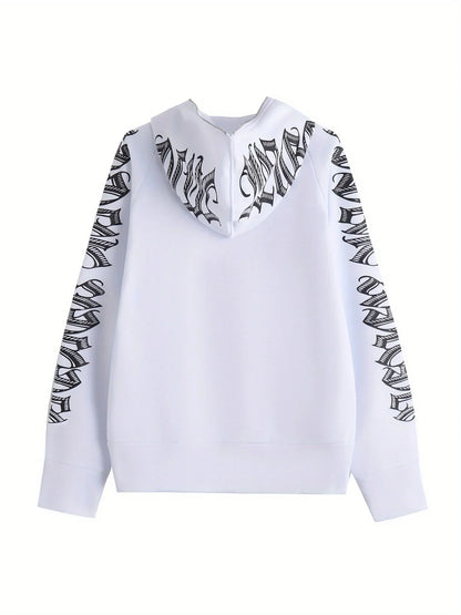 Letter Print Long Sleeve Zip Up Hoodies, Cyber Y2K Gothic Punk Sweatshirt, Women's Clothing