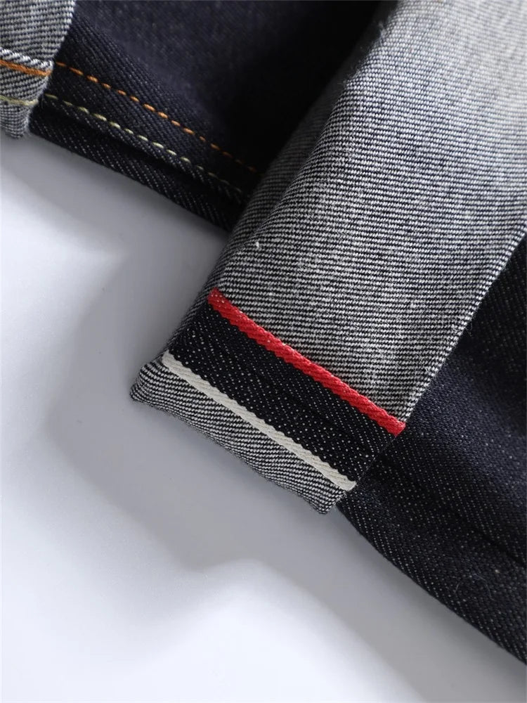Men's Japanese Handmade Embroidered Jeans Pure Cotton Straight Tube Hip-Hop Popular Slim Red Ears Show Thin Trousers Devil Black