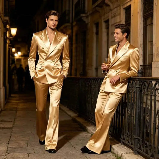 Men's Double Breasted Satin Suit Set 2 Piece Notch Lapel Gold Button Blazer Flare Pants Formal Wedding Prom Party Groom Outfit