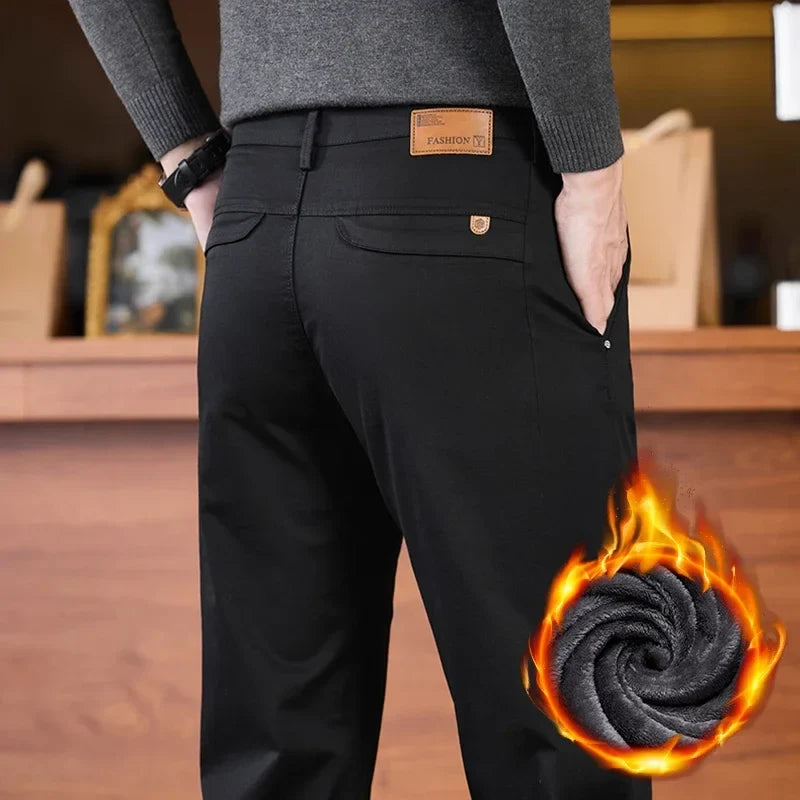 2025 Winter Fleece Pants Men's Pocket Fashion Thickened Cotton Stretch Comfort Plush Straight Business Pants Male