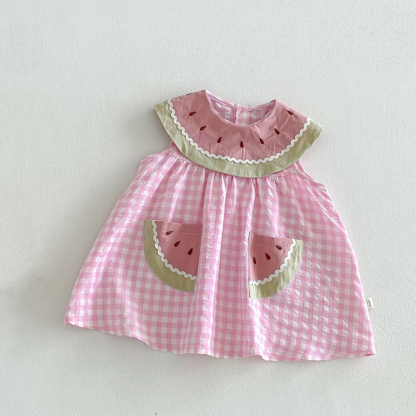 2026 New Summer Sweet Style Kids Dress Pink Watermelon Plaid Dress for Girls Sleeveless Lightweight Children Clothes