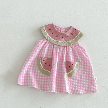 2026 New Summer Sweet Style Kids Dress Pink Watermelon Plaid Dress for Girls Sleeveless Lightweight Children Clothes