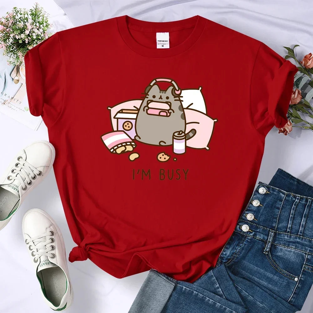 Sorry I'm Busy Cat Playing Games with Headphones T Shirt Female New T-shirts New Street Tops Summer Sleeved Harajuku Streetwear