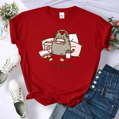Sorry I'm Busy Cat Playing Games with Headphones T Shirt Female New T-shirts New Street Tops Summer Sleeved Harajuku Streetwear