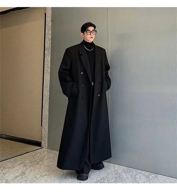 Spring Autumn Extra Logn Black Oversized Flowy Soft Trench Coat for Men with Back High Slit Loose Casual Overcoat