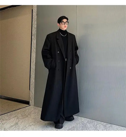 Spring Autumn Extra Logn Black Oversized Flowy Soft Trench Coat for Men with Back High Slit Loose Casual Overcoat