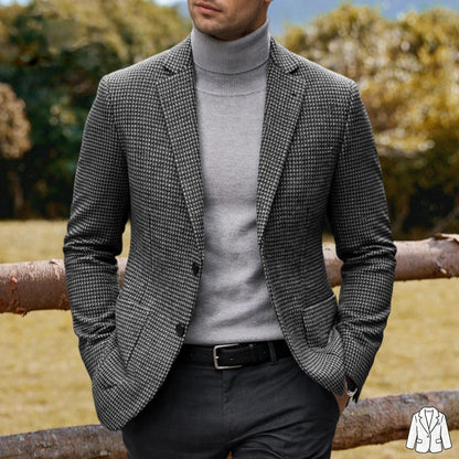 Men's Casual Blazer Houndstooth Wool Blend Suit Jacket Notched Lapel Slim Fit Business Formal Dress Sport Coat Outerwear