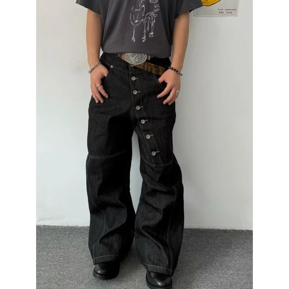 American Retro Long Row Button Design Men's Jeans High Street Loose Wide Leg Floor-Length Trousers Trendy Casual Jeans