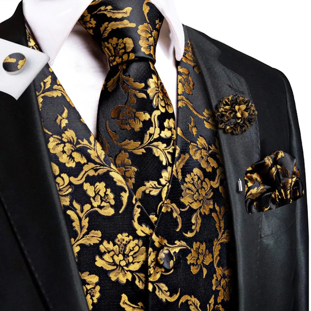 Luxury Mens Vests Black Gold Floral Jacquard Waistcoat Tie Hanky Cufflinks Brooch Set for Men Suit Wedding Office XL