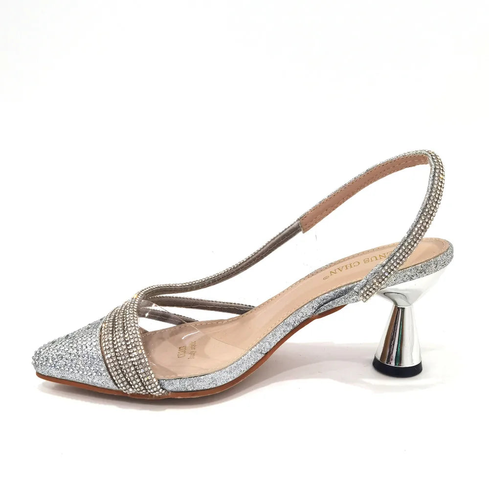 Italian Pointed Toe Wedding Shoes Gold Color Summer Sandal for Women 2023 High Heels Rhinestone Shoe and Bag Set